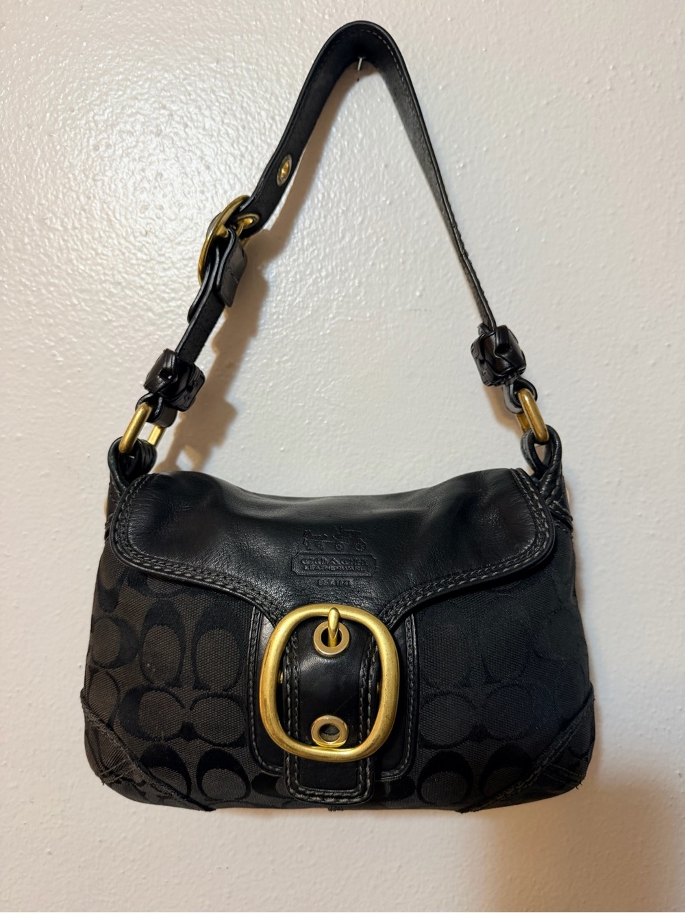 Coach Vintage Black Signature C Jacquard Leather Flap Shoulder Bag Purse 11441